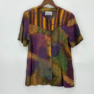 Wall ST Vintage Blouse Women's Button Closure Abstract Shoulder Pads Multicolor
